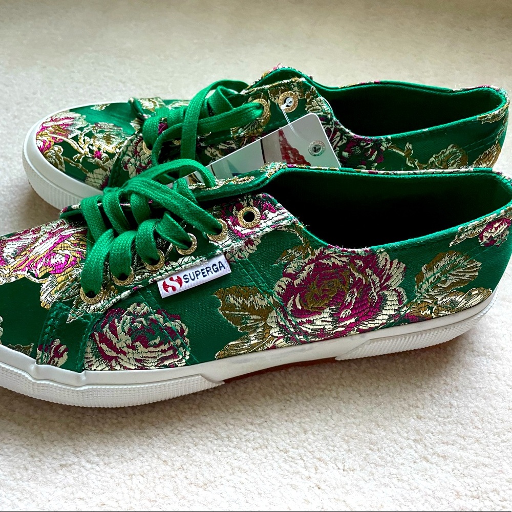 Superga Green Satin Floral Brocade Print Sneakers sz 9